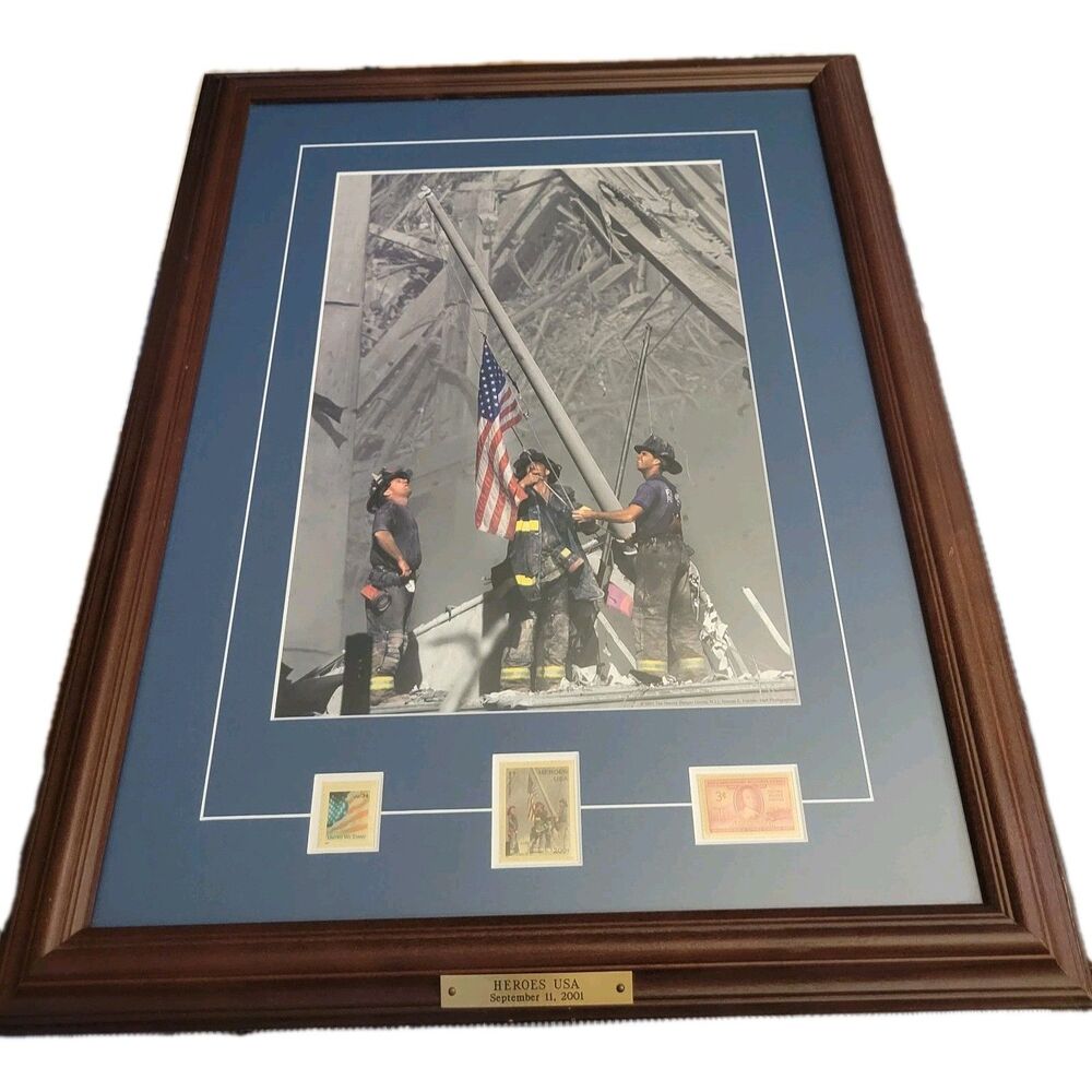 Heroes USA 9/11 Firefighters Raising Flag Ground Zero Framed 3 stamps  23x18